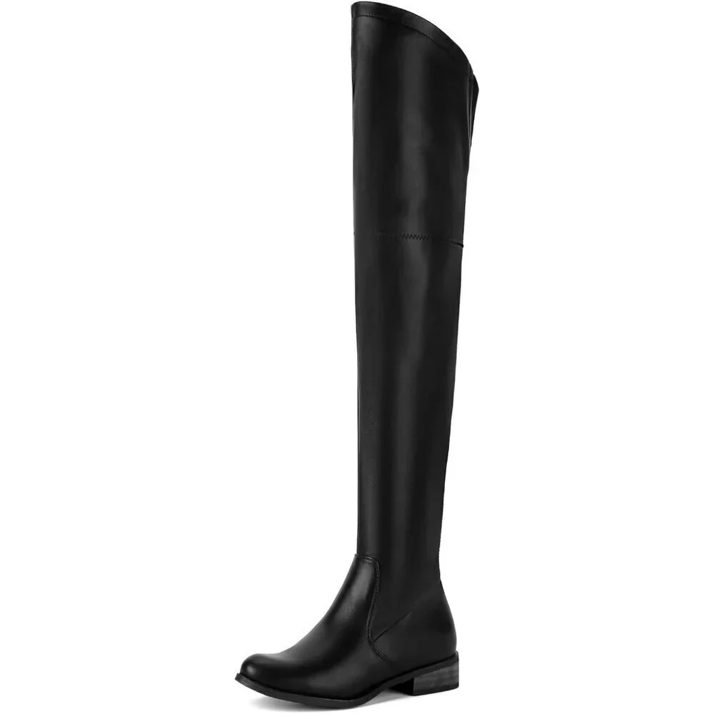 🆕Women Pu Black Over The Knee Boots Thigh High Low Block Heel Pointed Toe Boot